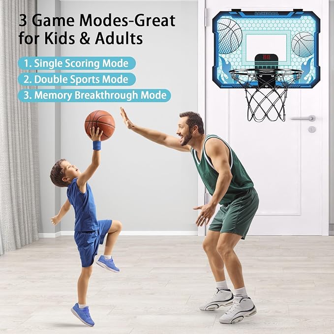 Indoor Basketball Hoop for Kids with Led Lights Mini Basketball Hoop with Remote Control Over The Door Basketball Hoops with Scoreboard Basketball Toys for 4-12 Year Old Boys Girls-CubbioJoy