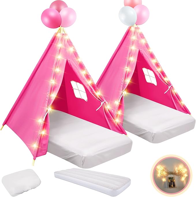 2 Pack Kids Teepee Tent with Mattress,Fitted Sheet,Light String,Washable Natural Cotton Toddler Play Tent for Girls Boys Indoor Outdoor Sleepover Slumber Birthday Party(Rose Red)-CubbioJoy