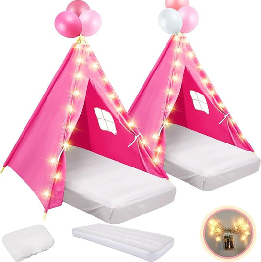 2 Pack Kids Teepee Tent with Mattress,Fitted Sheet,Light String,Washable Natural Cotton Toddler Play Tent for Girls Boys Indoor Outdoor Sleepover Slumber Birthday Party(Rose Red)-CubbioJoy