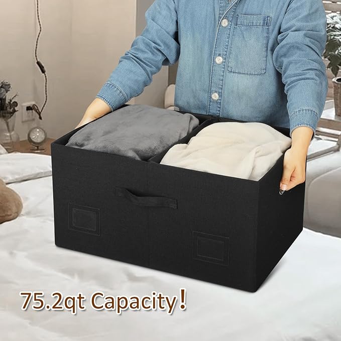75 Quarts Extra Large Decorative Storage Bins with Lids, 3 Packs Black Collapsible Storage Bins with Lids, Stackable Storage Bins Decorative Box Storage With Lid Extra Large-CubbioJoy