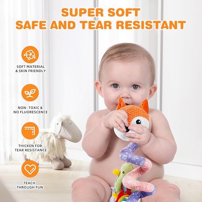 Jollybaby Baby Car Seat Stroller Toys, Plush Activity Hanging Spiral Activity Pram Crib with Music Box, Rattles, Squeaker for Babies Infant Boys Girls(Orange Fox)-CubbioJoy
