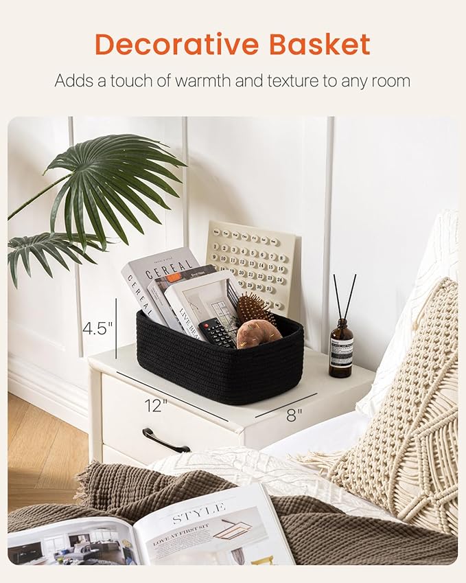 KALLAX Small Woven Basket, 12 x 8 x 4.5 Inches, Storage Basket for Organizing, Cute Small Rope Shelf Closet Cube Storage Bins Baskets for Shelves, Dog Toy Gift Baskets Empty, 3 Packs, Black-CubbioJoy