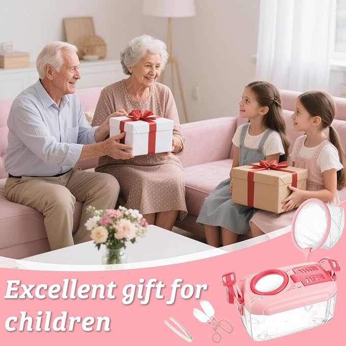 2 Set Bug Catcher for Kids- Educational Bug Catching Kit Including Butterfly Net, Insect Clip, Tweezer, Outdoor Toys for Kids Ages 3-10 (Pink)-CubbioJoy