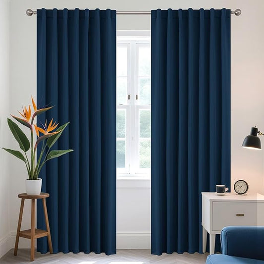 Joydeco 90 Inch Blackout Curtains for Bedroom, Thermal Insulated Black Out Curtains 2 Panels Set, Room Darkening Drapes for Living Room Window Rod Pocket Back Tab (W52 x L90 Inch, Navy Blue)-CubbioJoy