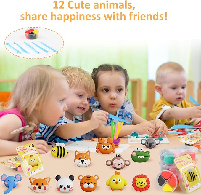 Air Dry Clay Kit for Kids, Modeling Magic Clay for Kids, Ultra Light & Soft, 12 Boxes DIY Animals Model with Step by Step Tutorial and 5 Sculpting Tools, Creative Art Crafts Toys Gifts for Girls Boys-CubbioJoy