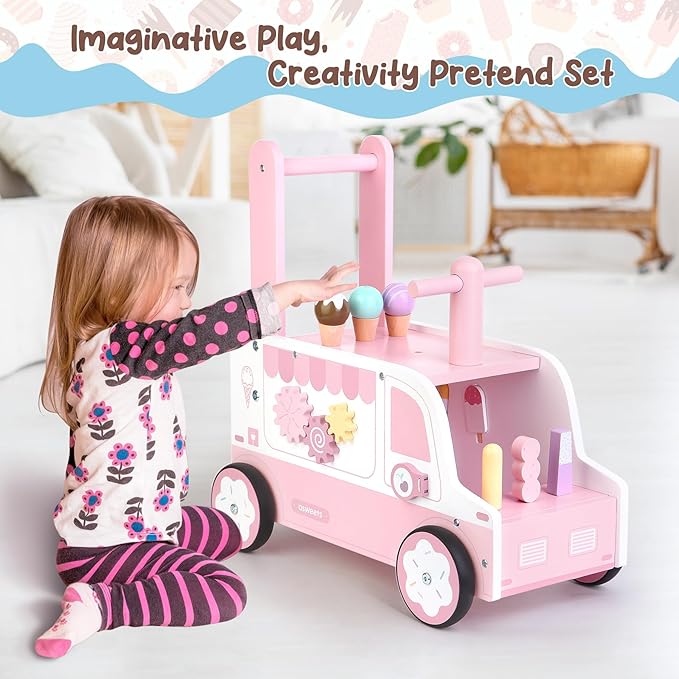 Asweets Wooden Baby Push and Pull Walker with Wheels, Learining Acticity Walker for Boys & Girls, Multiple Activities Center, Develops Motor Skills & Stimulates, 17.3''L x 9.1''W x 18.1''H-CubbioJoy