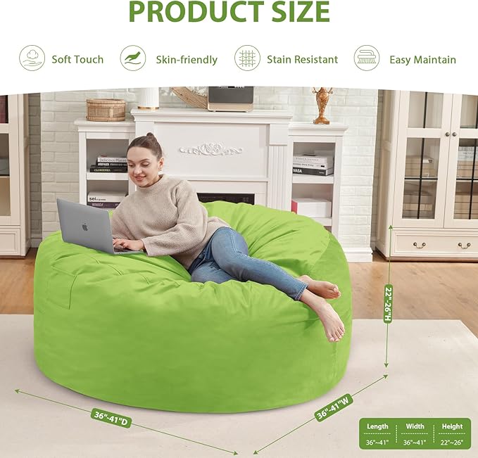3FT Bean Bag Chair, Comfy Bean Bag Chairs with Memory Foam Filled, Fluffy Beanbag Sofa with Dutch Velvet Cover, Round BeanBag Chairs for Living Room, Playroom - Lime-CubbioJoy