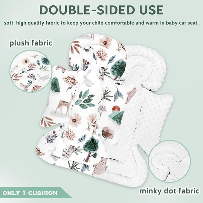 Infant Car Seat Insert and Strap Covers, Very Soft Car Seat Head Support Baby Girl Boy, Reversible Newborn Carseat Insert Cushion Fits for Stroller, Baby Swing, Bouncer (White Animals)-CubbioJoy