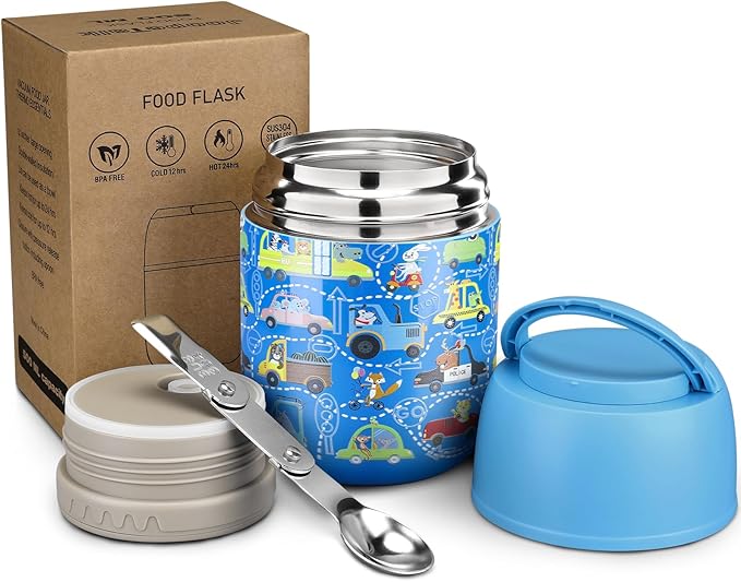 17 oz Insulated Lunch Containers Hot Food Jar, Wide Mouth Lunch Thermo for Kids Adults, Vacuum Stainless Steel Lunch Box With Handle Folding Spoon for School, Office Blue - Car-CubbioJoy