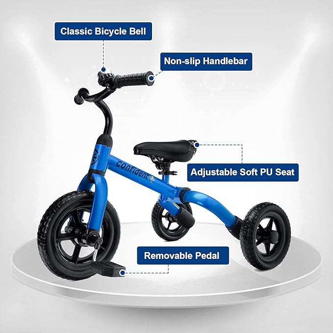Ancaixin 3 in 1 Toddler Tricycles for 2-5 Years Old Boys and Girls with Detachable Pedal and Bell, Foldable Baby Balance Bike Riding Toys for 2+ Kids, Child Birthday Christmas New Year Gift Blue-CubbioJoy