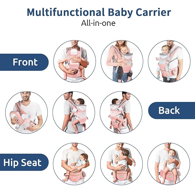 Baby Carrier with Hip Seat, Ergonomic M Position 6in1 Baby Carrier Newborn to Toddler,Head Support and Breathable Mesh Newborn Carrier,Adjustable Baby Holder Carrier for Dad&Mom-Pink-CubbioJoy