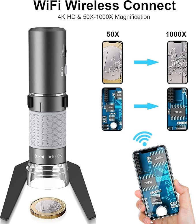4K 3840x2160p WiFi Digital Microscope for iPhone Android Phone and Windows Mac PC, Wireless Handheld Microscope Camera, Portable Microscope with Metal Stand for Adults and Kids-CubbioJoy