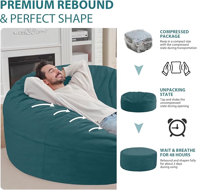 6FT Bean Bag Chair, Large Bean Bag Chairs with Memory Foam Filled, Fluffy Beanbag Sofa with Dutch Velvet Cover, Round BeanBag Chairs for Living Room, Playroom - Sea Blue-CubbioJoy