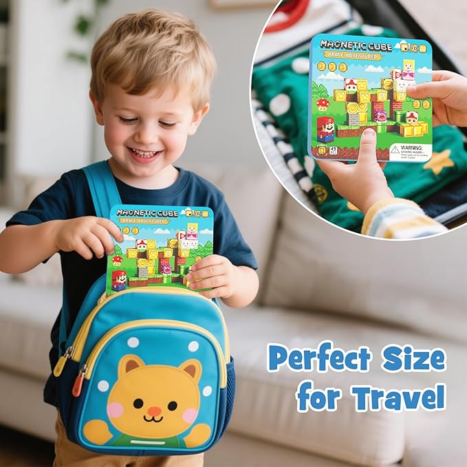 49PCS Mini Magnetic Tiles Travel Toys for Kids Ages 4-8, Magnetic Building Blocks Adventure Set with Portable Iron Storage Box & Play Base, STEM Learning Activities for Toddlers 3-5-CubbioJoy