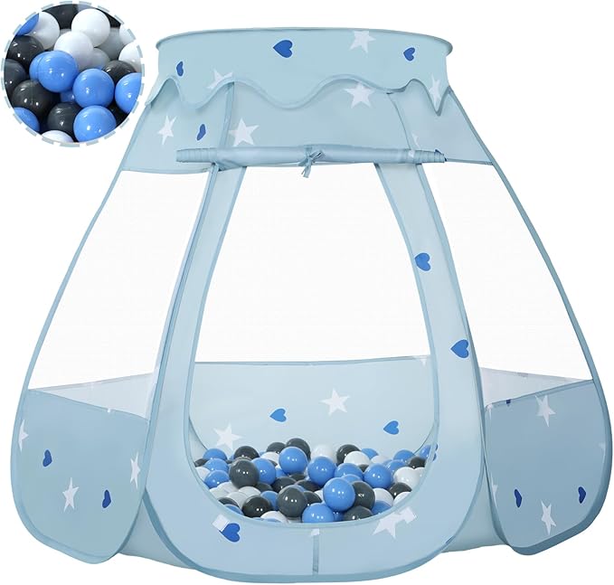 Baby Ball Pit for Toddler with 50 Balls, Kids Pop Up Play Tent for Girls, Princess Toys Gifts for Children Indoor & Outdoor Playhouse (Greyish-Blue: Gray/White/Babyblue, 109x90cm/50 Balls)-CubbioJoy