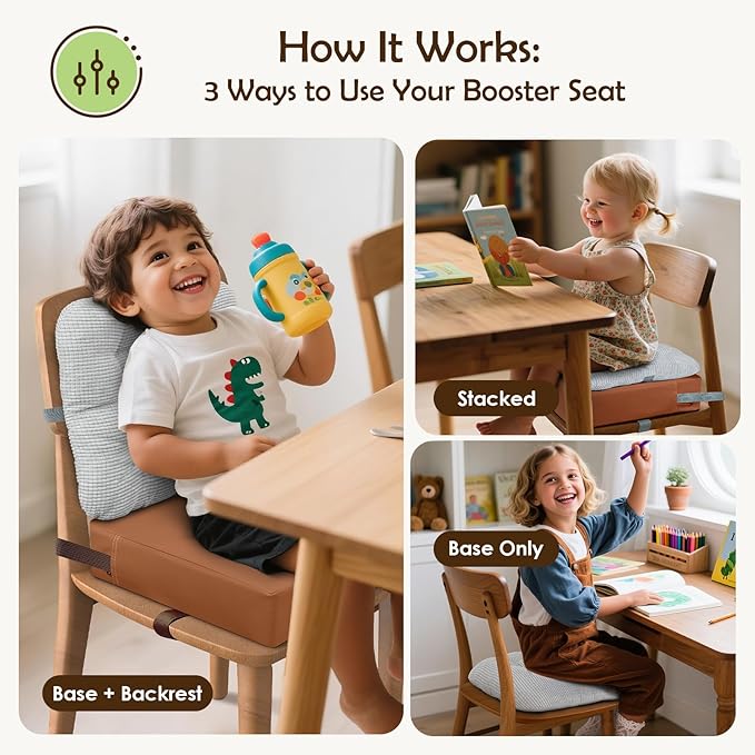 Booster Seat for Kitchen Chair with Comfy Backrest and Adjustable Safety Buckles,Non-Slip Kid Toddler Booster Seat for Dining Table,Portable PU Travel Baby Booster Increasing Cushion Chair-CubbioJoy