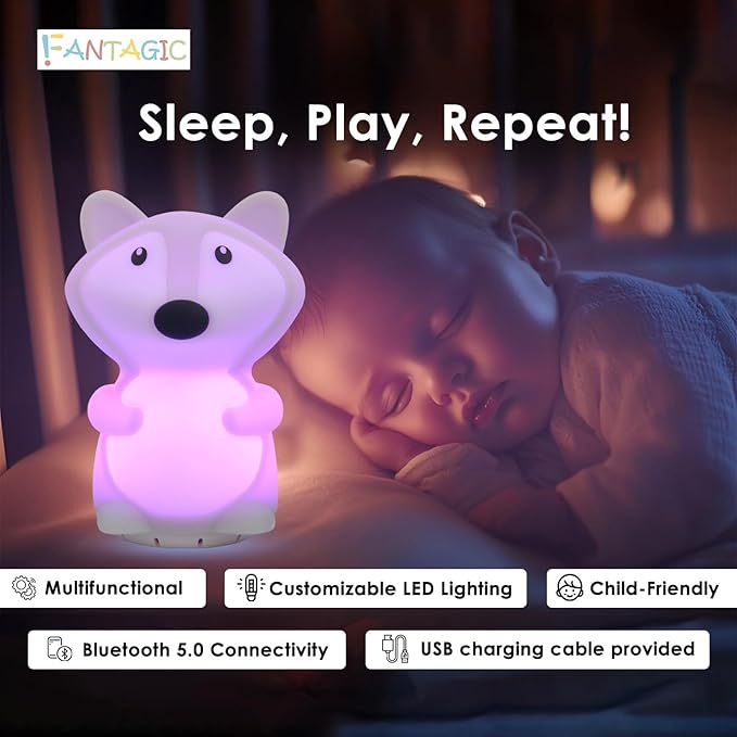 Combined Bluetooth Speaker & Nightlight With 9 Color Emissions, Child Friendly Silicone & BPA Free, USB Recharging, Receives Audio From Computer, Phone Or Tablet, and includes Remote Control (Fox)-CubbioJoy