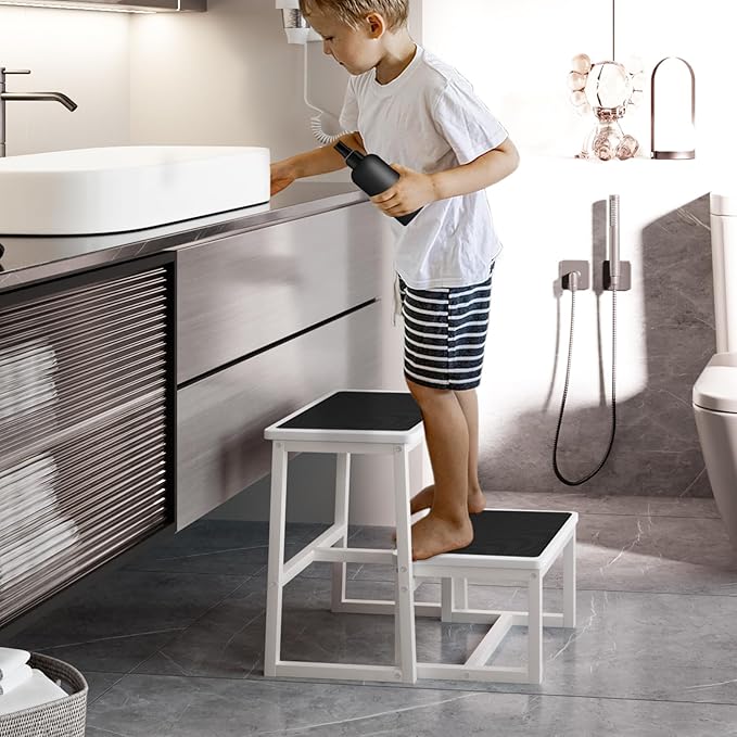 2 Step Stools for Adults Kids, Anti-Slip Sturdy Wooden Foot Stools with 500 Lbs Capacity for High Beds,Closet, Bathroom,Kitchen, Potty Training-CubbioJoy