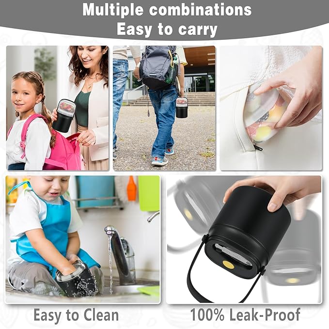 2 - in - 1 Soup Thermo for Hot Food 14oz with Snack Box Container Leak Proof Insulated Lunch Container Kids and Adults Stainless Steel Double Wall Vacuum Wide-mouth Thermal with Spoon and Handle-CubbioJoy