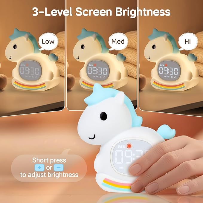 Alarm Clock for Kids with Night Light, Sleep Training Clock Time to Wake Clock, Rechargeable Silicone Light for Bedroom, Perfect Sleep Companion for Boys Girls, Blue Pony-CubbioJoy