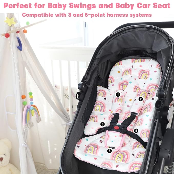 Infant Car Seat Insert with 3 Strap Covers, 3 in 1 Reversible Rainbow Baby Car Seat Head Support for Newborn, Baby Girl Newborn Essentials for Preemie to Infant, Stroller, Swing, Bouncer (Pink)-CubbioJoy