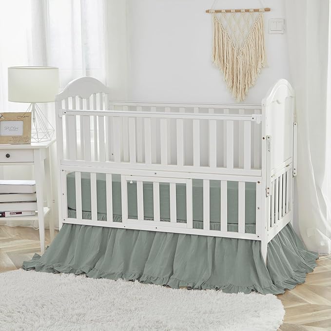 Brandream Gender Neutral Boho Bohemian Baby Girl Boy Nursery 3 Pieces Crib Bedding Set Solid Green Farmhouse Chic Ruffle Unisex Cozy 100% Washed Cotton-CubbioJoy