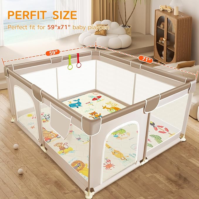 Baby Play Mat - Thicken 71x59 Inch Soft Foam Crawling Mat for Playpen & Floor, Non-Slip Waterproof Playmats for Infants & Toddlers, Portable Foldable & Machine Washable, Beach Animals-CubbioJoy