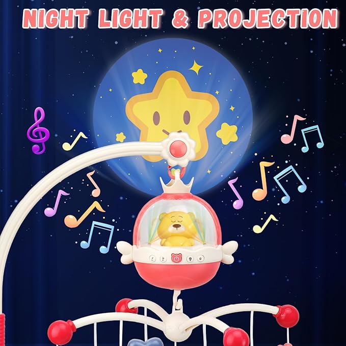 Baby Crib Mobile with Night Lights and Music,Hanging Mobile for Crib Bassinet with Rotation, Projection,Remote Control,Babies Crib Toys for Nursery Newborn Infant Boys Girls (Pink)-CubbioJoy