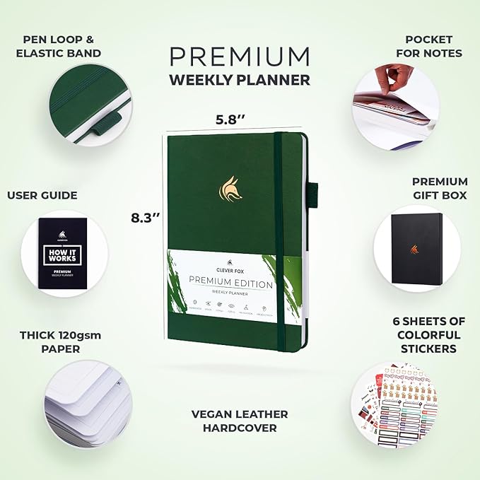 Clever Fox Planner Premium Edition – Undated Luxurious Weekly & Monthly Planner to Increase Productivity and Hit Your Goals – Organizer – Start Anytime, A5, Lasts 1 Year, Forest Green (Weekly)-CubbioJoy