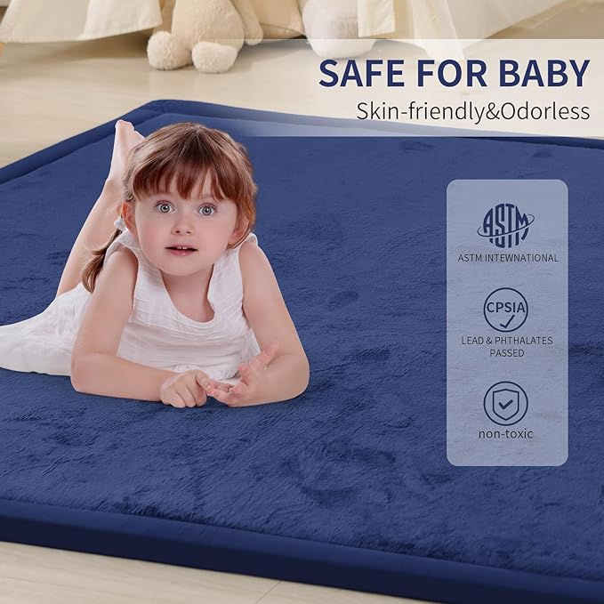 ACOMOPACK Baby Play Mat for Floor 1.3" Thick Memory Foam Play Mat 59"×71" Tummy Time Crawling with Non-Slip Bottom for Living Room,Nursery,Soft Velvet Playpen Mats for Kids,Infants（Royal Blue）-CubbioJoy