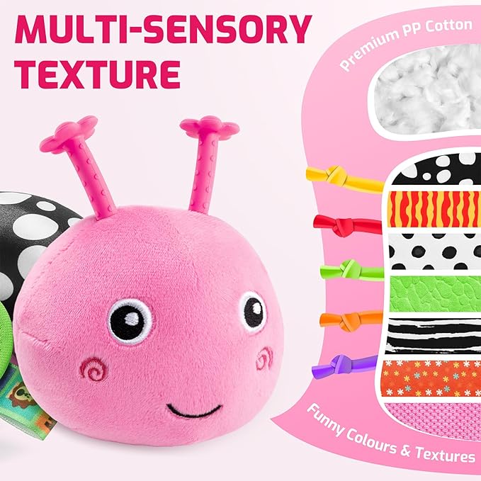 Sumobaby Baby Toys 0-6 6-12 Months,Music Caterpillar Plush Toy with Baby Mirror, Pull String&Crinkle Rattle,Infant Sensory Toys,Tummy Time for 0-3-6-12 Month Boys Girls Newborn Gifts (Pink-Branch)-CubbioJoy