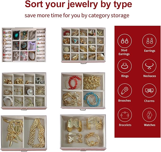 BOOVO Jewelry Box For women, 6 Layer Large Jewelry Organizer With Mirror, Multi-Function Storage Box With Lock, Accessory Holder With 5 Drawers, For Earrings Necklace Ring Bracelet (Rose Gold)-CubbioJoy