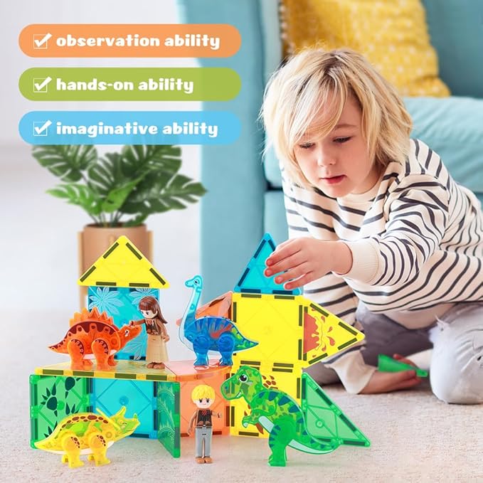 Dinosaur Magnetic Tiles,Animals Magnet Building Blocks Toys Dino World,3D STEM Educational Magnet Tiles for Boys Girls Kids Age 3 4 5 6 7 8-CubbioJoy
