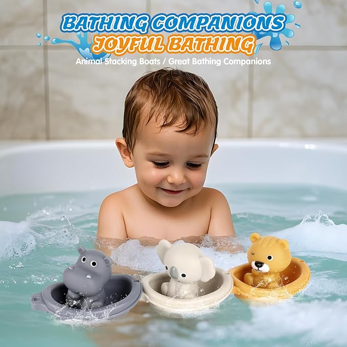 Bath Pool Toys for Toddler, Stacking Toys with 3 Boat 3 Sensory Finger Puppets, Toddler Toys Gifts for 2-4 Year Old Boy Girl, Model B-CubbioJoy