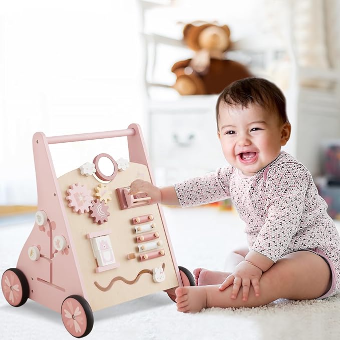 Beright Wooden Baby Walker Push and Pull Learning Activity Walker Kids’ Activity Toy Multiple Activities Center Develops Motor Skills & Stimulates Creativity(Pink)-CubbioJoy