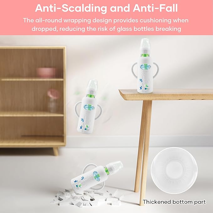 2 Pack Silicone Sleeves for Dr. Brown's Glass Baby Bottles, Anti Breakage Durable Baby Bottle Holder with Easy Grip Handles, Narrow Sleeve with a Cutout, Dishwasher/Freezer/Microwave Safe, 8 oz-CubbioJoy