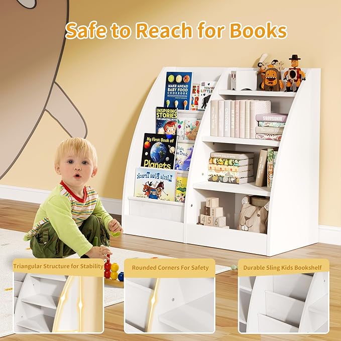 4 Tier Kids Bookshelf, 4 Layer Sling Kids Book Shelf for Kids Rooms,Wood Children Bookcase,Baby Storage Book Rack,Toddler Bookshelf, Book and Toy Organizer,Book Display Shelf for Bedroom, Nursery-CubbioJoy
