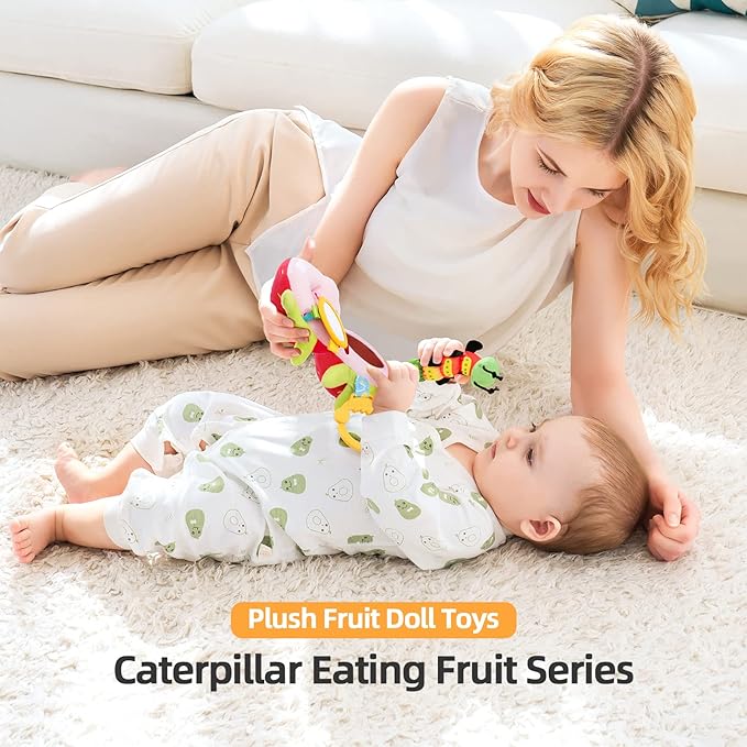 Jollybaby Newborn Plush Stuffed Fruit Rattle Toy for Stroller Car Seat Crib, Montessori Sensory Plush Strawberry Toy with Rattle and Mirro Toy for Baby 0-6-12 Month, Infant Baby Boy Girl Shower Gift-CubbioJoy