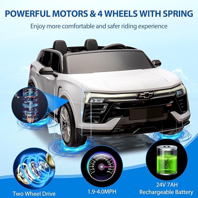 Jojoka Baby Car 24V 2-Seater SUV Licensed Chevrolet Blazer Ride On Toy w/Parent Remote Control,4xSpring Suspension, Wireless Music, Electric Vehicle Car for Kids Ages 3-8,White-CubbioJoy
