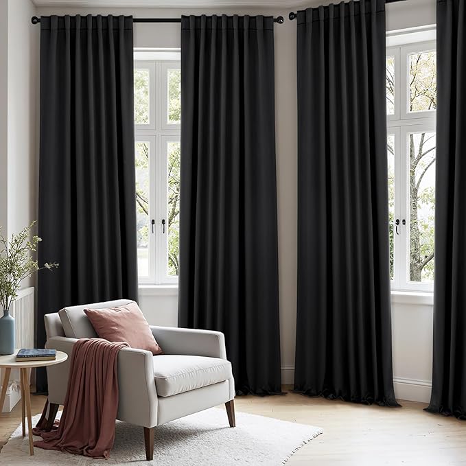 ANRODUO Back Tab Blackout Curtains for Bedroom Living Room, Rod Pocket Pinch Pleated Thermal Insulated Room Darkening Curtains 120 Inches Long 2 Panels, Black, 52 x 120 Inch-CubbioJoy