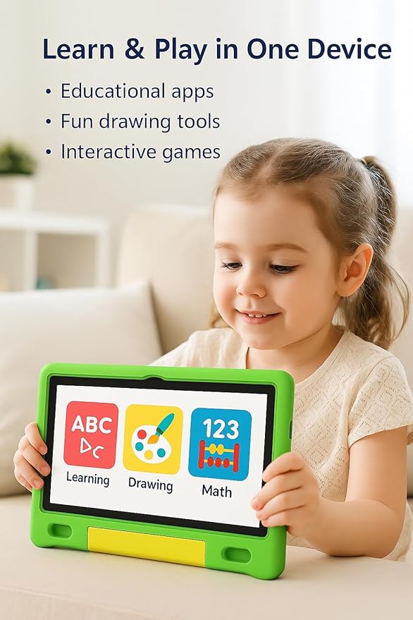 10.1 Inch Kids Tablet with Shockproof Case | Android 14, 64GB+8GB RAM, 12H Battery | Parental Control, Google Kids Space & Preloaded Educational Apps | WiFi 6, HD Display, Ages 3-12-CubbioJoy