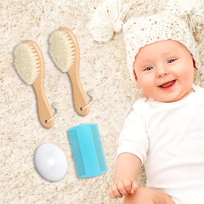 Baby Hair Brush and Comb Set, 2pcs Wooden Natural Goat Bristles Brush+ Blue Comb+ White Cradle Cap Brush Grooming Kit for Newborns Toddlers Boys Girls-CubbioJoy