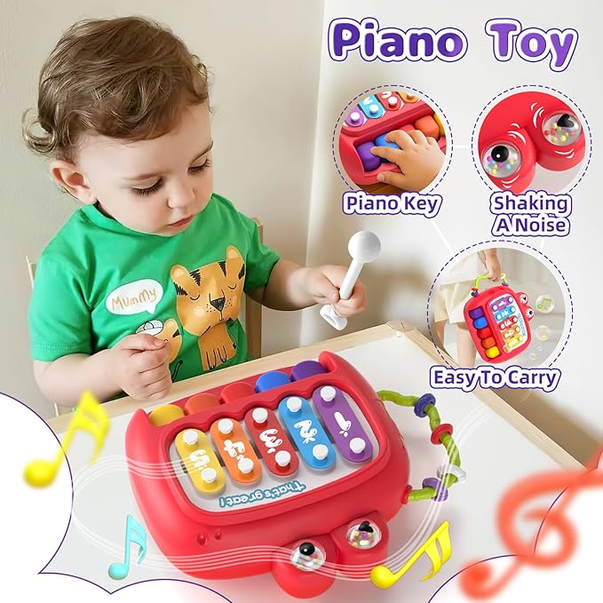5 in 1 Baby Toy for 12 18 Month, Learning Toys for Babies 12-18 Months, Baby Busy Cube, Stacking&Sensory, Pull String&Piano Xylophone Toy, Birthday Gift for 12+ Month-CubbioJoy