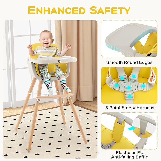 BABY JOY Convertible Baby High Chair, 3 in 1 Wooden Highchair/Booster/Chair with Removable Tray, Adjustable Legs, 5-Point Harness, PU Cushion and Footrest for Baby, Infants, Toddlers (Yellow)-CubbioJoy