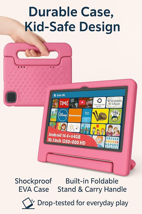 10.1" Kids Tablet Android 14 | 64GB Octa-Core 8GB RAM | Shockproof Case & Parental Control | 12H Fast Charge | HD Display w/Google Kids Space & Educational Apps | WiFi 6/Bluetooth/GPS | Ages 3-12-CubbioJoy