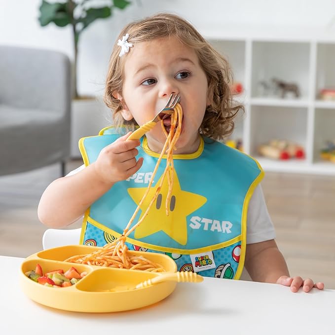 Bumkins Toddler Utensils, Kids Size Fork and Spoon Set, Silicone and Stainless-Steel Training Silverware, Angled Fork / Spork for Self-Feeding, Children Learning to Eat, 18 Mos Up, Pineapple Yellow-CubbioJoy