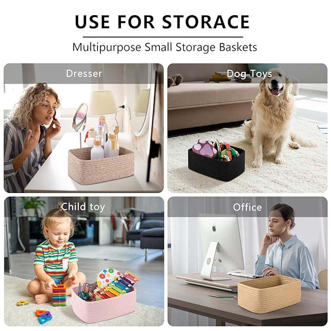 4 Pack Small Storage Shelf Baskets for Organizing, Mini Woven Rope Storage Bins for Towels, Cute Decorative Closet Organizer，Baby Nursery, Gift Empty Baskets -11.81''Lx7.87''Wx4.72''H-Pink-CubbioJoy