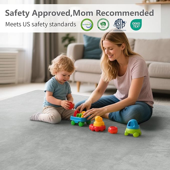 Baby Play Mat for Floor,Extra Large 59"×71" Tummy Time Mat,Thicker Memory Foam Mat for Toddler,Infant,Kid,Water Repellent Ultra Soft Coral Velvet,Non-Slip Backing Safe for Crawling(Light Grey)-CubbioJoy