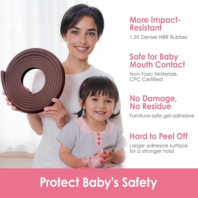 Baby Proofing Corners and Edges Protector Guards (16.5FT Edge +8 Corners), Soft Rubber Foam Edge Protector with Removable Double Sided Tapes, Furniture Table Bumper Guard for Baby Safety-Brown-CubbioJoy