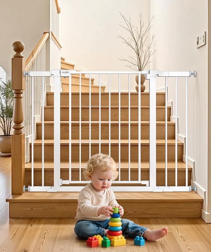 Baby Gate for Stairs, 30'' Tall 29.5-46" Extra Wide Dog Gate for Stairs Walk Thru Auto Close Metal Pet Gate for The House, Stairs and Doorways Child Gate Pressure Mounted Safety Gate Indoor - White-CubbioJoy